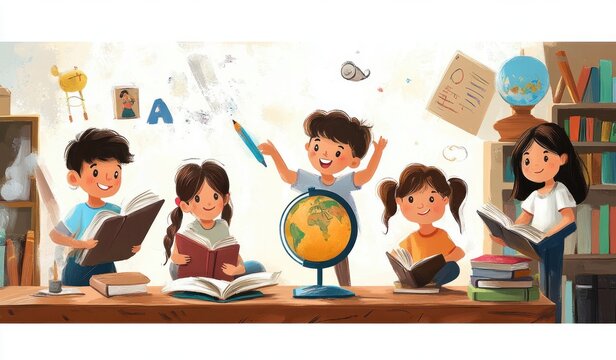 Cheerful Children Engaged in Educational Activities with Books and Globe in Bright Cartoon Style