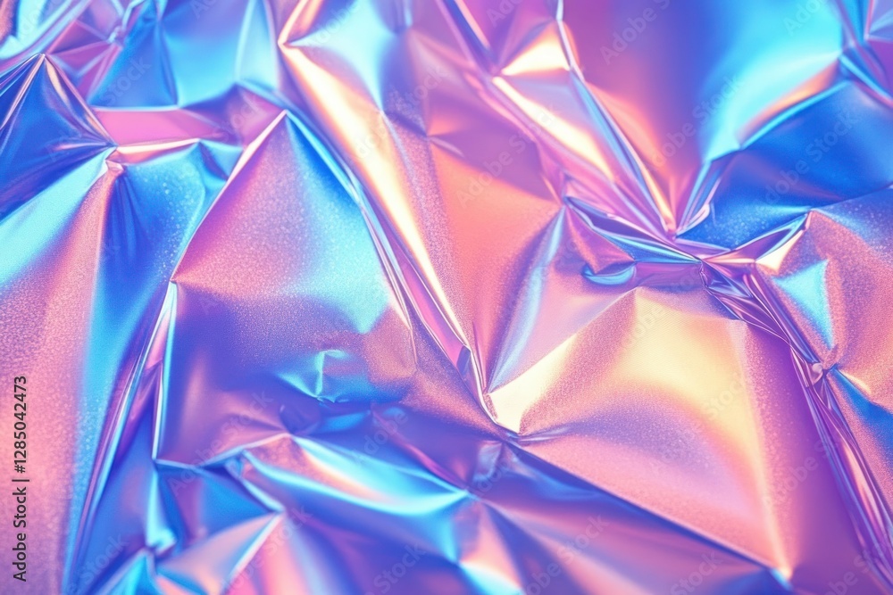 Aufkleber Crumpled Holographic Foil Background Abstract Texture Futurism 80s Retro Iridescent Dynamic Colorful Pink Blue Illumination