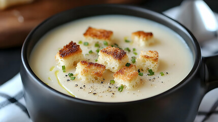 Creamy potato soup, croutons, chives, dark bowl, kitchen
