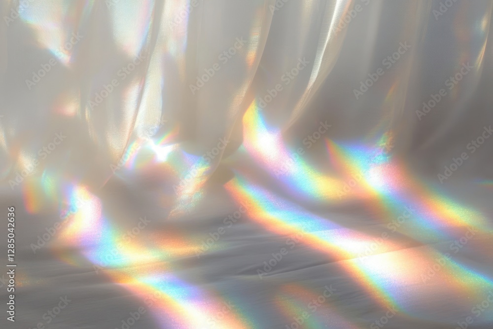 Poster ethereal light refraction and rainbow shadow overlay on white surface for minimalist design