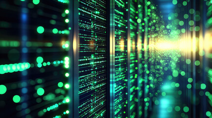 Abstract background with green glowing rays and bokeh dots. Big data concept. Vector for banner. Green tech wallpaper.