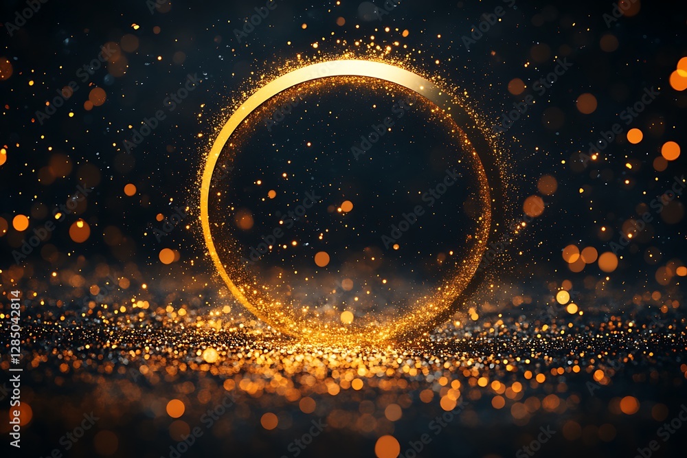 Poster a golden ring with sparkling glitter particles on a dark background