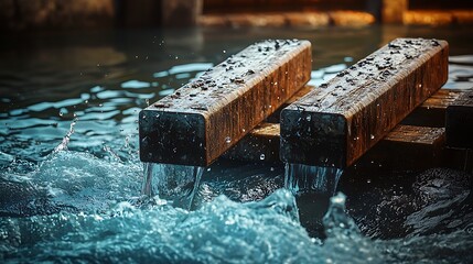 Water flowing from wooden structures into a serene body of water, creating ripples and splashes