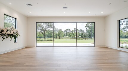 Obraz premium Modern Interior with Large Windows View of Garden