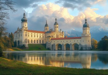 Majestic Baroque Castle Reflection in Serene Landscape under Golden Hour Lighting