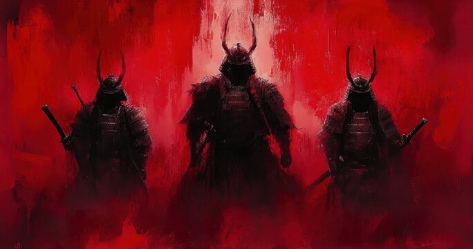 Sinister Samurai Warriors Charging Into Battle with Demonic Leader on Horseback Under Bloody Sun