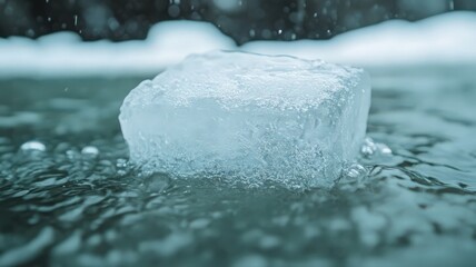 Melting Ice Cube in Teal Water with Snowy Background