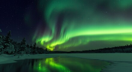 Aurora Borealis Over Frozen Lake with Snow-covered Trees at Night