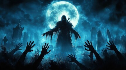 Obraz premium Undead Sorcerer in Tattered Cloak Among Rising Zombie Corpses in Moonlit Graveyard