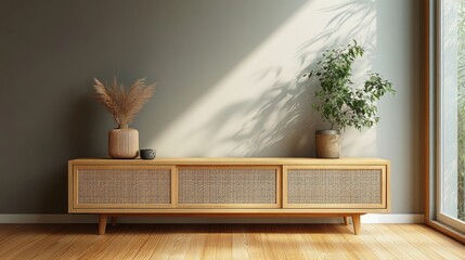 Minimalist Modern Wooden TV Cabinet with Rattan Doors in Scandinavian Living Room Interior