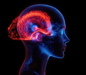 Obraz premium Neon Head with Ear Pain and Sound Waves in Futuristic Art Style