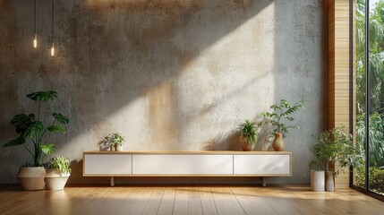 Modern Living Room Interior with White Sideboard and Concrete Wall