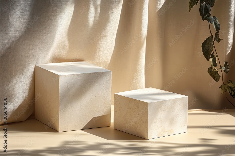 Poster minimalistic still life composition with white geometric cubes and delicate shadows on beige backgro