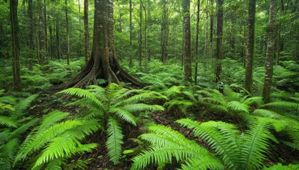 Lush Green Rainforest Floor with Ferns and Sunlight Dappled Canopy