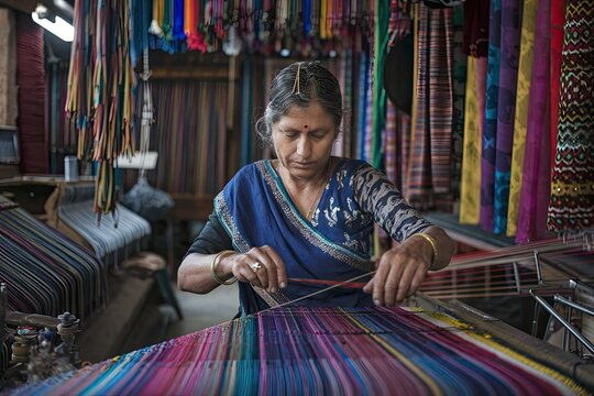 Indian weaver meticulously crafting textiles on a traditional loom, saturated colors, cultural heritage, warm tones, thoughtful expression, traditional craft
