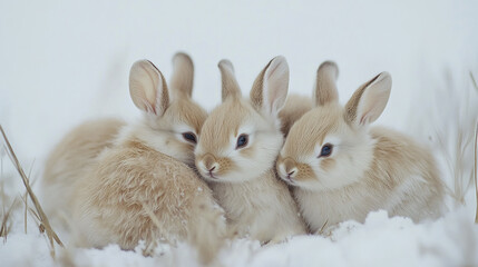 Fototapeta premium Four fluffy rabbits huddled together in snowy meadow
