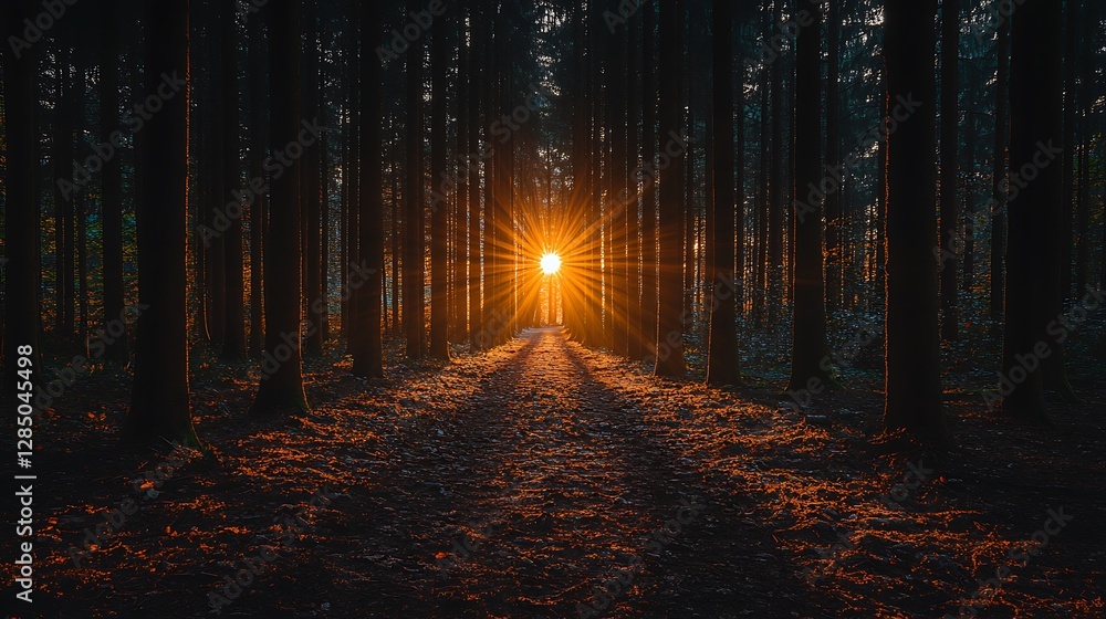 Poster sunlight pierces through forest trees creating dramatic light and shadow