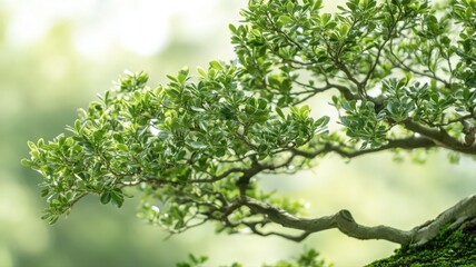 Fototapeta premium Lush Green Bonsai Tree Close Up Soft Focus Sunlight