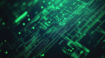 Abstract background with green glowing rays and bokeh dots. Big data concept. Vector for banner. Green tech wallpaper.