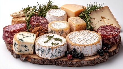 Assorted cheeses, salami, and rosemary on a wooden board.