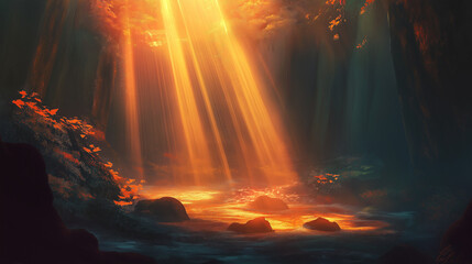 Naklejka premium Sun rays piercing through the mist, illuminating patches of the gorge in a magical, ethereal glow