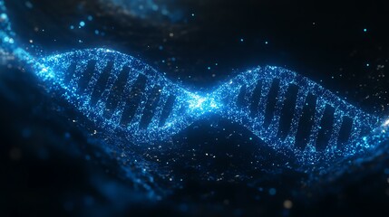 Glowing DNA strand in dark background.