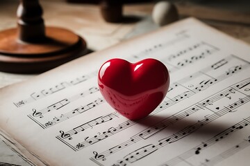 Red Heart on Antique Sheet Music Love, Melody, Romance, Passion, Music Notes