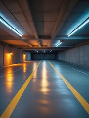 Obraz premium Empty underground parking garage with industrial lighting, clean concrete floors, and yellow markings, creating a modern and minimalistic urban environment. Ideal for backgrounds.