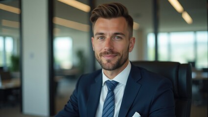 Naklejka premium Stylish young man in a suit smiling at the camera while seated in an office setting.