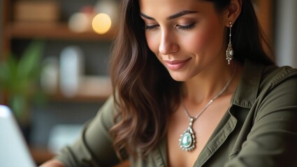 Woman browsing a custom jewelry online store, close-up perspective
