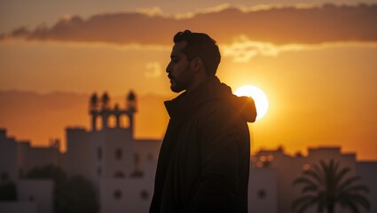 Profile of a man during a winter sunset in Casablanca, Morocco. The sun sets behind him, casting golden-yellow rays. Casablanca, Morocco, December 18, 2017.