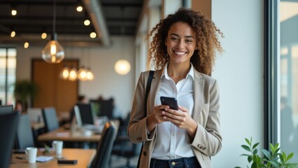 Smiling young businesswoman using her smartphone in a modern co-working space. Cheerful female entrepreneur standing in a stylish workplace while messaging.