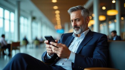 Experienced professional checking his mobile device while seated in an airport lounge. Man passing time reading messages on his smartphone in the first-class area.