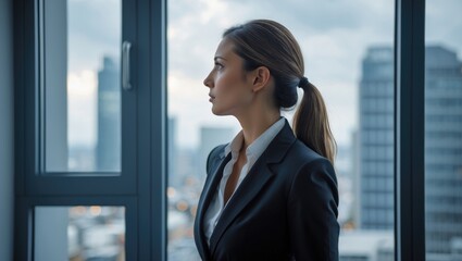 businesswoman gazes outside, feeling down in her office
