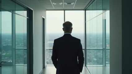 View from behind of an experienced businessman exploring an unoccupied office.