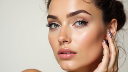 Fototapeta premium Stylish model showcasing beauty and fashion. Elegant woman with contemporary makeup. Spa and skincare emphasis. Playful expression. Radiant skin and trendy accessories. Fashion-forward apparel and ...