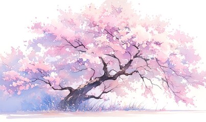 A watercolor painting depicting a blooming cherry tree in spring