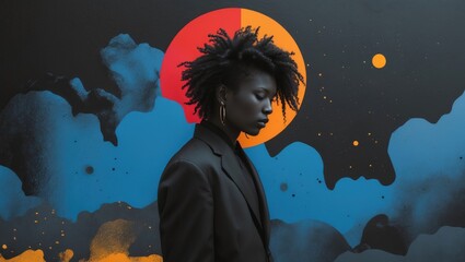 a sketched illustration featuring black tones complemented by blue, red, orange, and yellow hues.