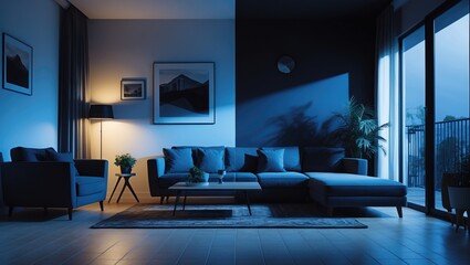 A contemporary living room showcased in both daylight and nighttime settings. In the morning and evening, a comfortable apartment space. Illustrative representation of a room's view in various ligh...