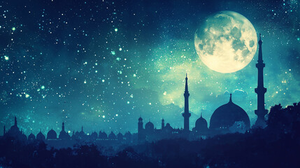 Naklejka premium Ramadan Theme, Eid Mubarak Concept, Serene Night Majestic Mosque Silhouette Under Starlit Sky and Full Moon