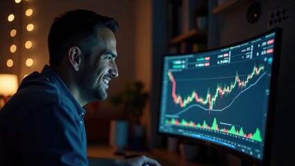 Cheerful trader observing business metrics on his computer screen. Young enthusiastic man analyzing stock market trends remotely at home during nighttime.