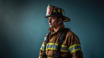 Fototapeta premium A firefighter in uniform posing in a studio setting.