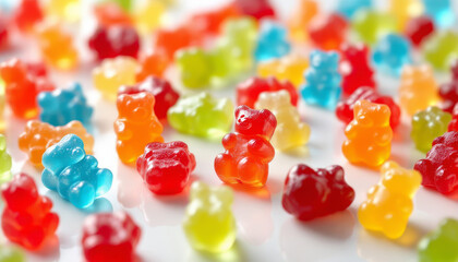 Colorful gummy bears are scattered across a white surface