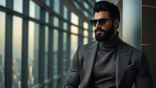 Stylish Arabian model with a beard dressed in a turtleneck and sunglasses, posed near large windows of a contemporary building, holding his jacket, exuding sophistication and fashion.