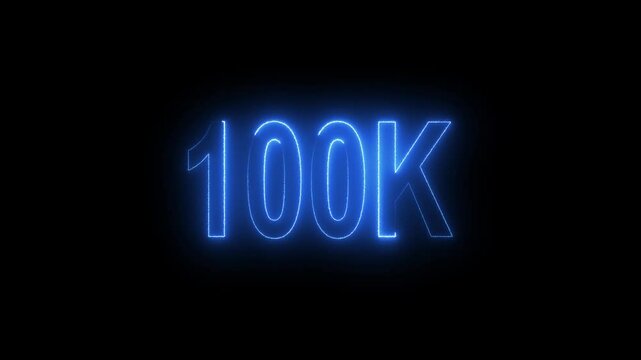 Glowing neon line with 100k Ultra HD video technology icon isolated on black background 100K subscribers modern animation banner design