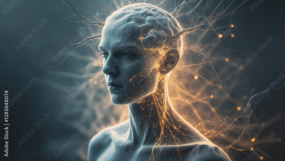 Poster polygonal figure with neural connections. conceptualizing ideas and the nervous system. dual perspec