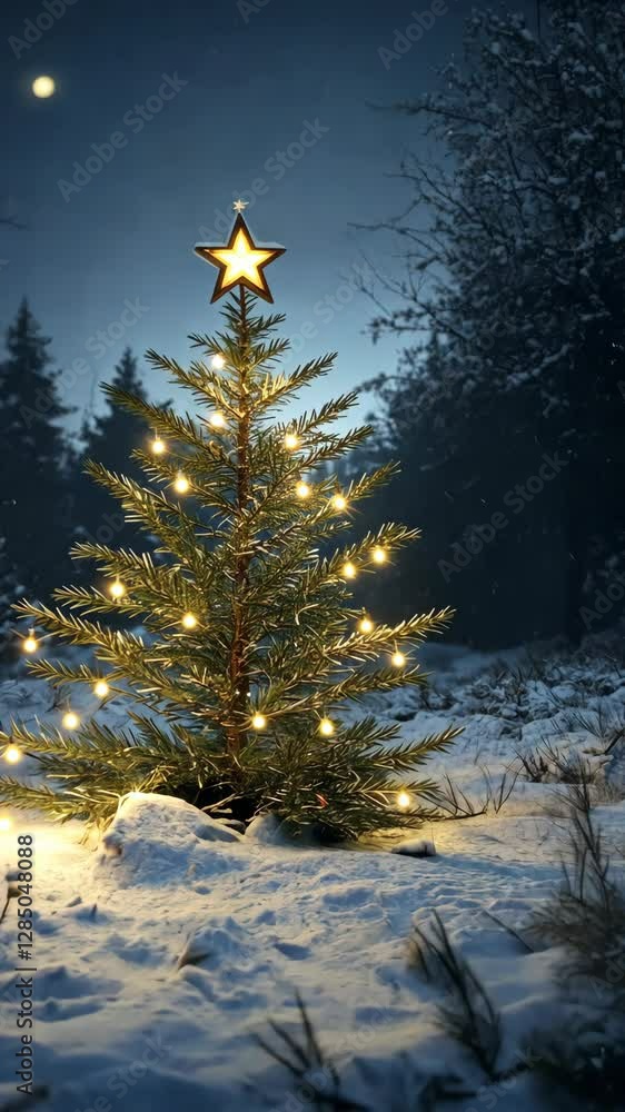 Poster sparkling christmas tree in a snowy forest at twilight with soft glowing lights illuminating the sur
