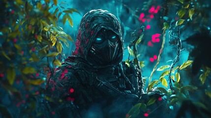 Mysterious figure in a dark, enchanted forest surrounded by glowing plants and vibrant colors