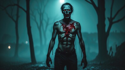 Fototapeta premium Outline of a terrifying zombie with wounds and blood on its body standing in a night-time setting.