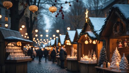 Fototapeta premium Christmas market in Germany during winter, featuring ceramic ornaments and illuminated candles. A festive nighttime street scene of holiday celebrations in a European town or city in December.